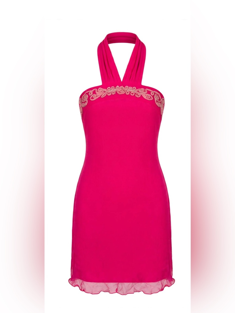 Fuchsia Halter Nightdress with Lace Trim